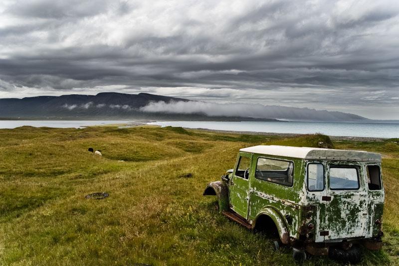 Northern Icelandic landscape with a car wreck