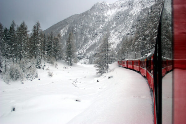 Bernina Express: riding the Alps by train - Reflection of the train under the snow