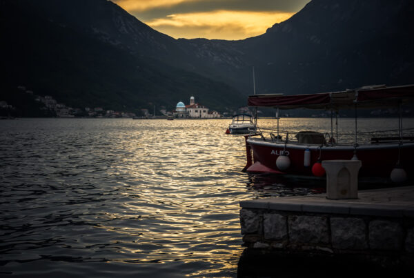 View of Kotor bay from Pertast at sunset with Our Lady Of The Rocks