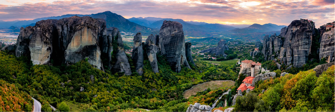 Meteora monasteries panorama landscape at sunset